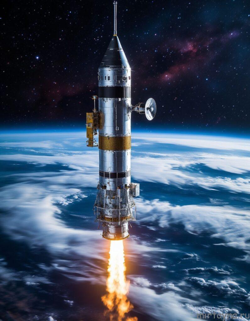 Ракета, взлетающая с Земли с огнем и дымом, на фоне космоса и облаков.