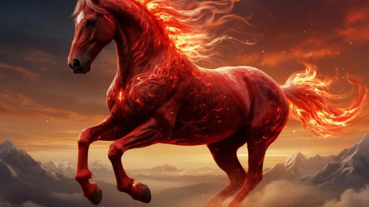 Красная огненная лошадь с пылающей гривой на фоне горного пейзажа.
